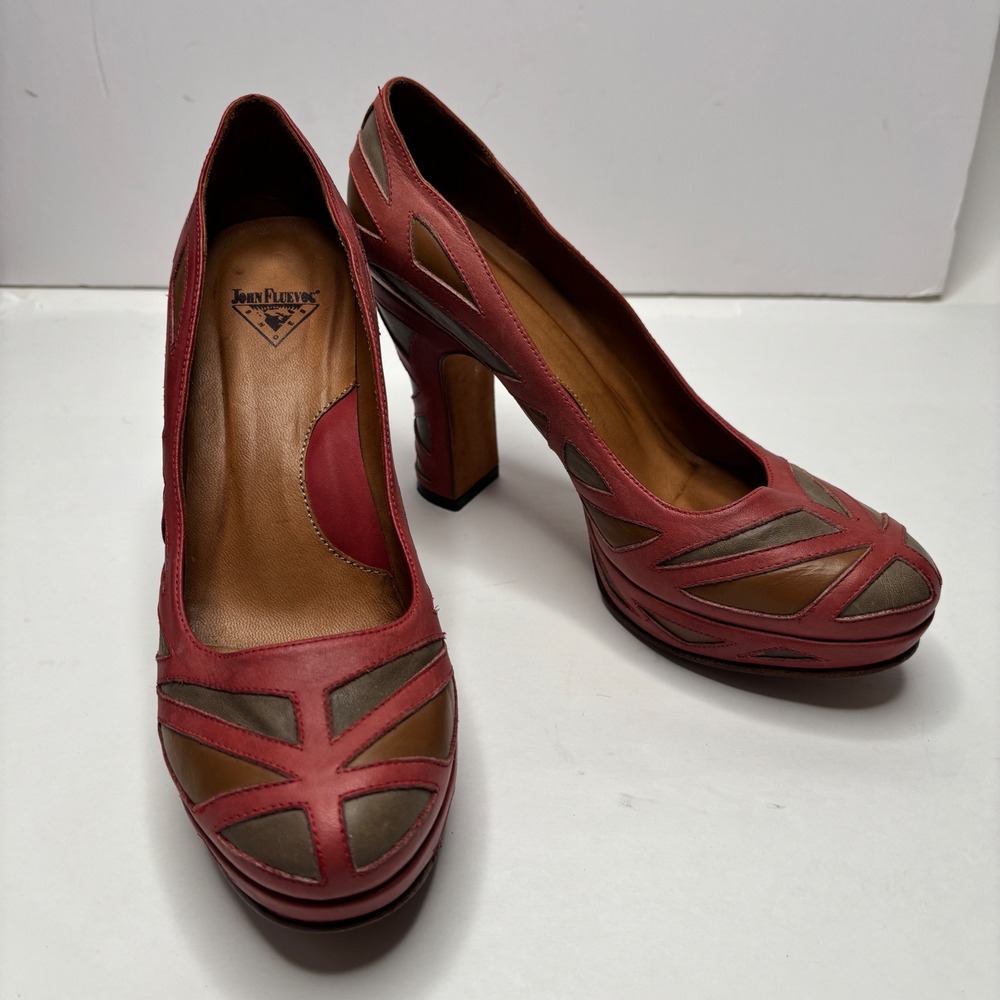 John Fluevog Miracles Meera Leather Heels Stained Glass Platform Pumps 8.5 Red - Picture 2 of 12